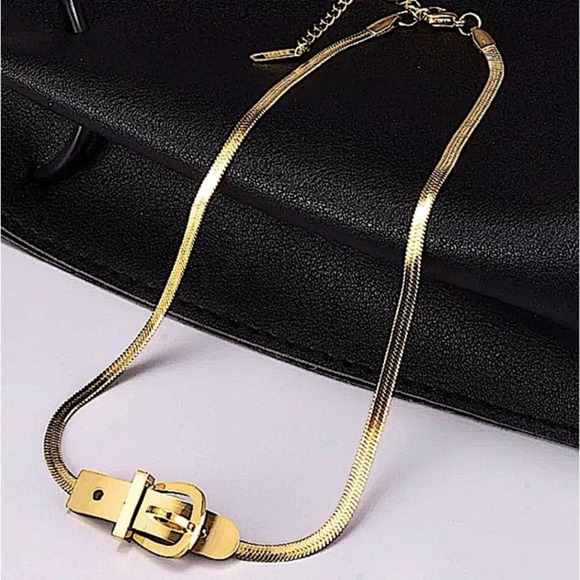 Belt Buckle Design Gold Plated Herringbone Choker Matching Bracelet Set - Picture 13 of 14